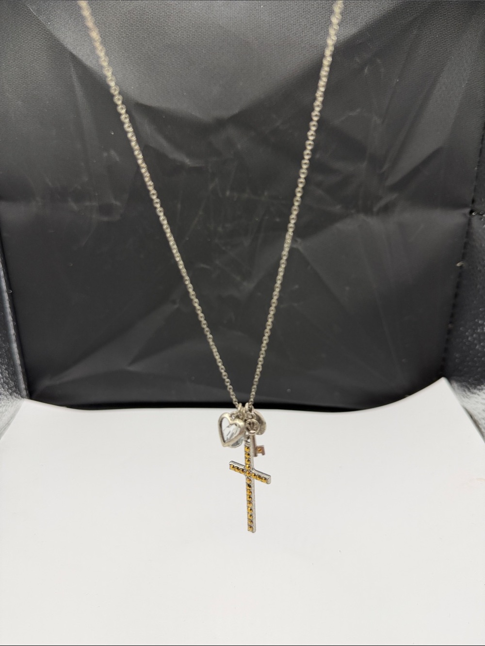 American Eagle AEO Cross Key Heart Crystal Charm Necklace